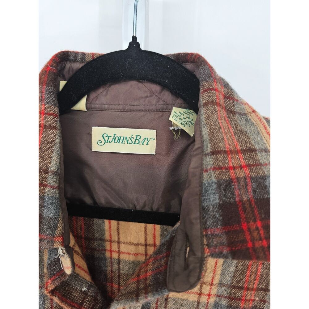 Vintage St Johns Bay Men Sz LT 100% Wool Button Up Shirt Shacket Brown Tan Plaid - Picture 3 of 6